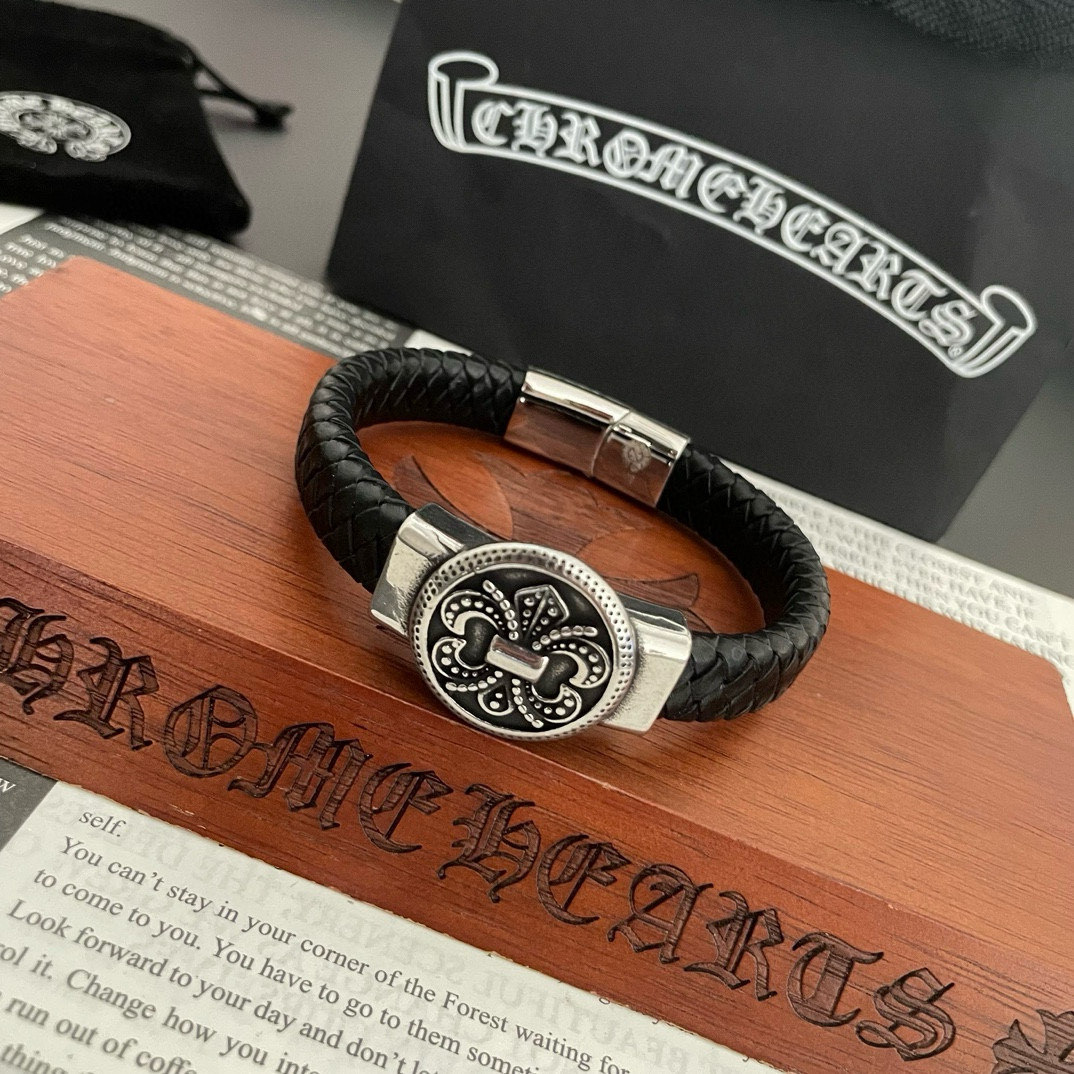 Chrome Hearts 925 Silver Fleur - de - Lis Medallion Black Braided Leather Bracelet