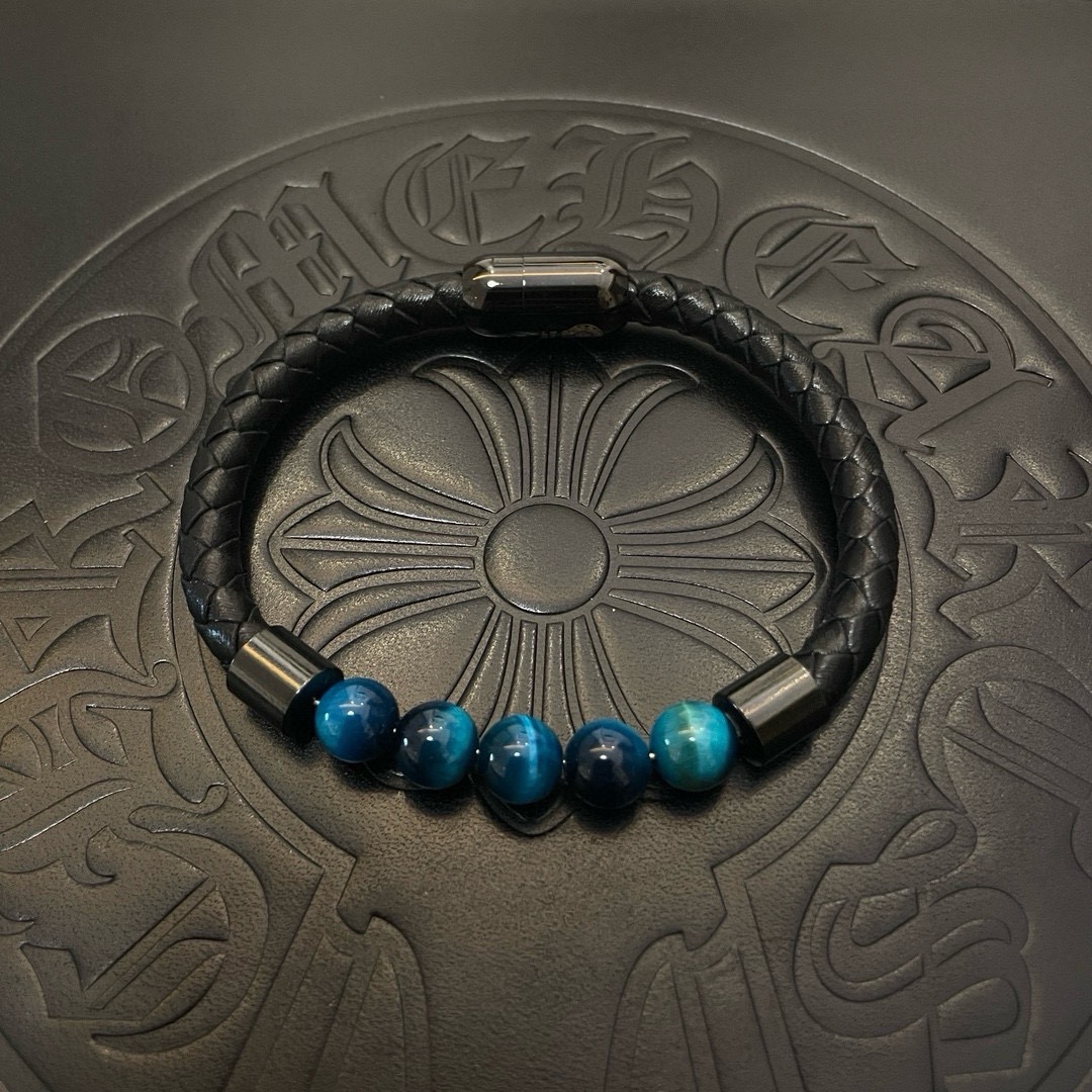 Chrome Hearts 925 Silver Blue Tiger’s Eye Beaded Black Leather Bracelet