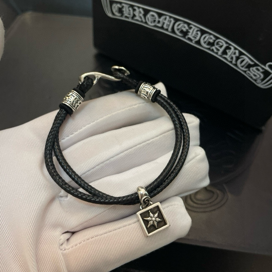 Chrome Hearts 925 Silver Square Pendant Black Leather Bracelet