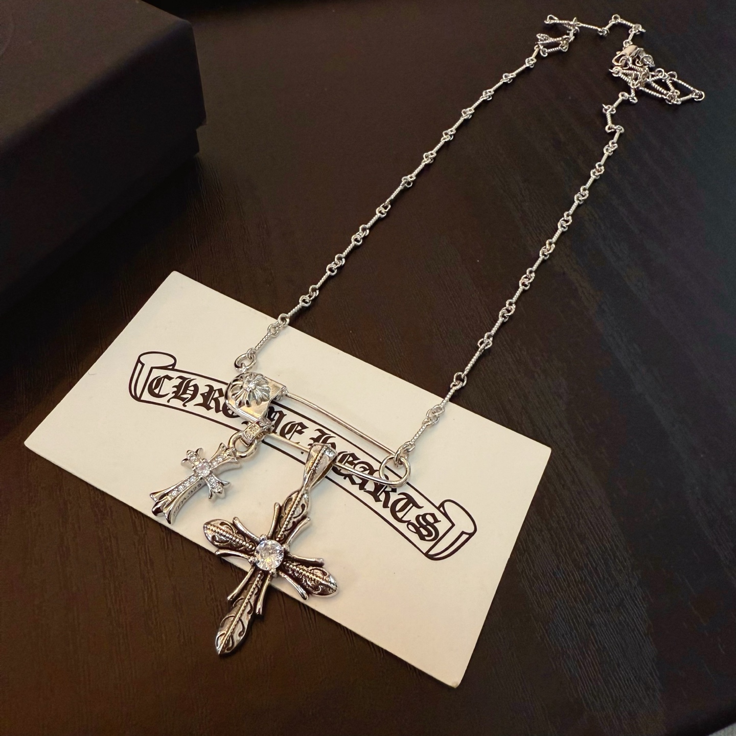 Chrome Hearts 925 Silver Pin - Style Double Crystal Cross Necklace