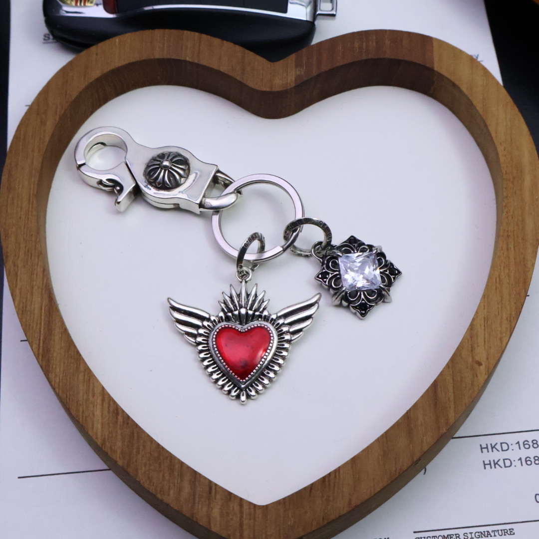Chrome Hearts 925 Silver Winged Heart & Crystal - Inlaid Square Keychain