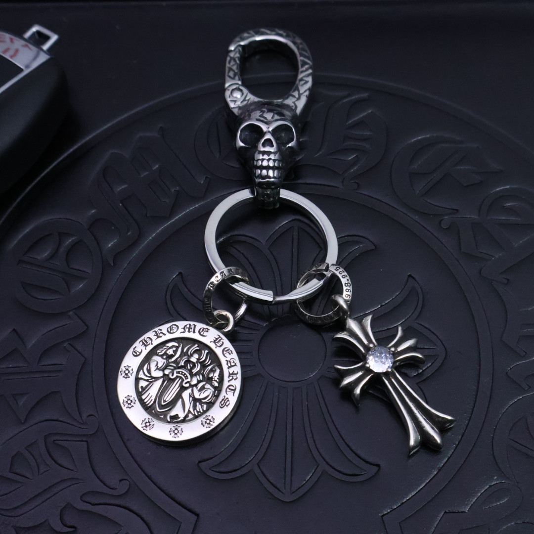 Chrome Hearts 925 Silver Skull - Clasp Medallion & Crystal Cross Keychain