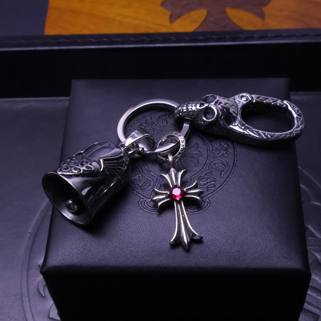 Chrome Hearts 925 Silver Skull - Clasp Bell & Red Gem Cross Keychain