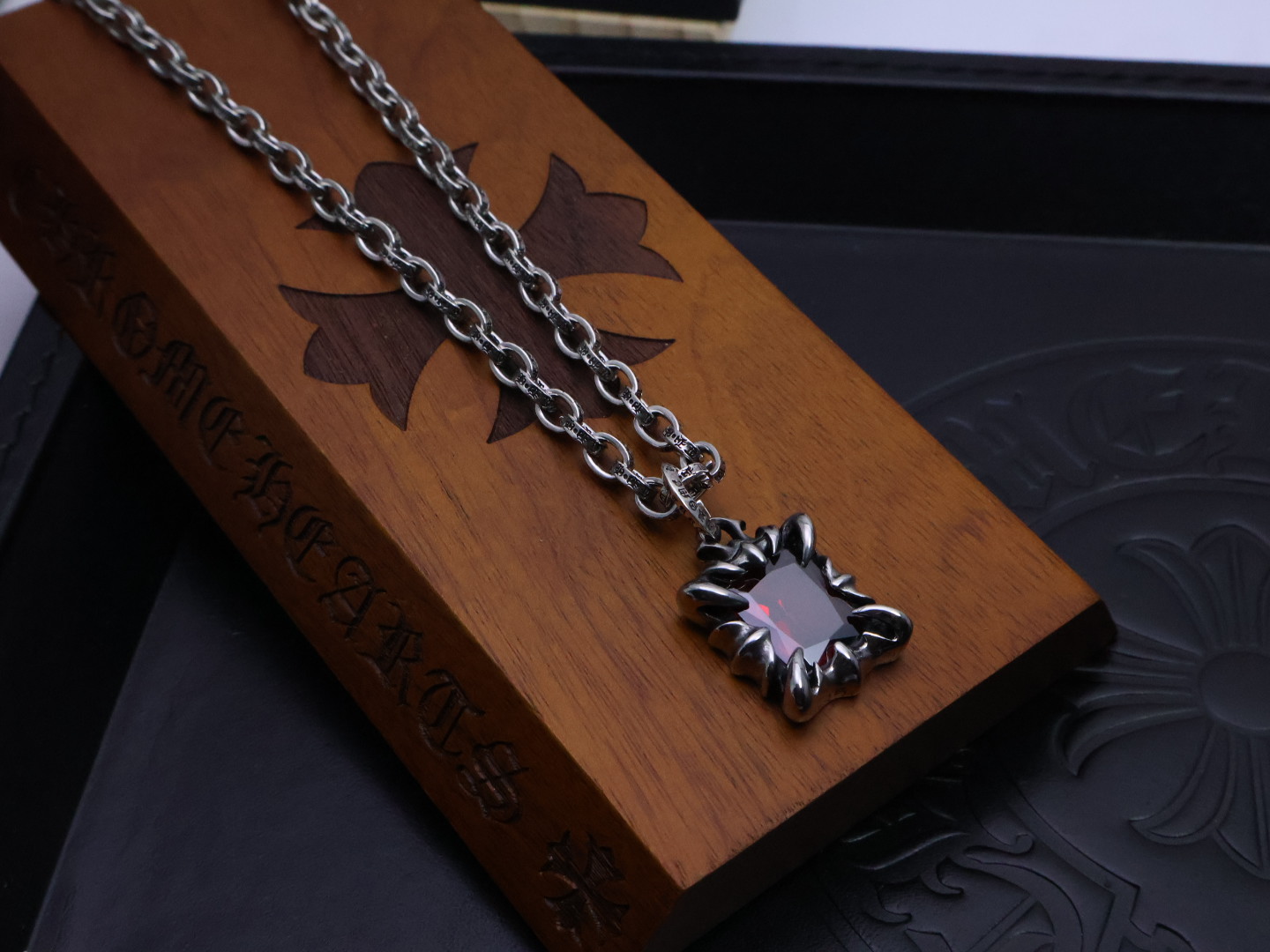 Chrome Hearts 925 Silver Cross Pendant Necklace with Red Gemstone