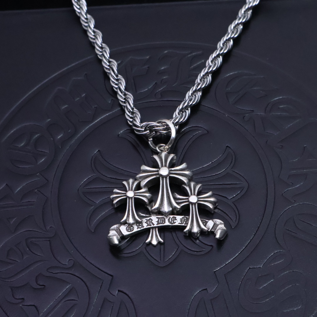 Chrome Hearts 925 Silver Triple Cross Pendant Necklace