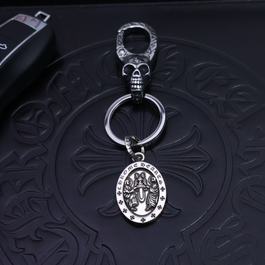 Chrome Hearts 925 Silver Skull & Oval Medal Keychain