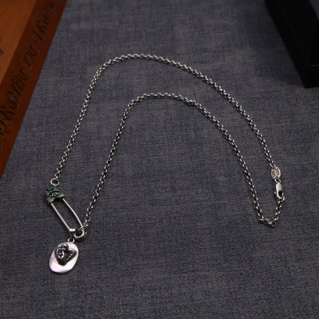 Chrome Hearts 925 Silver Safety Pin & Cherub Pendant Necklace