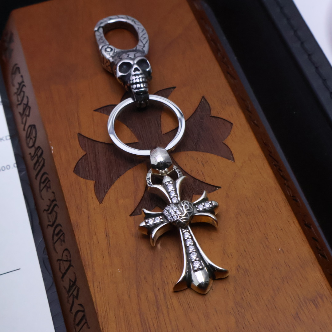 Chrome Hearts 925 Silver Skull & Crystal - Inlaid Cross Keychain
