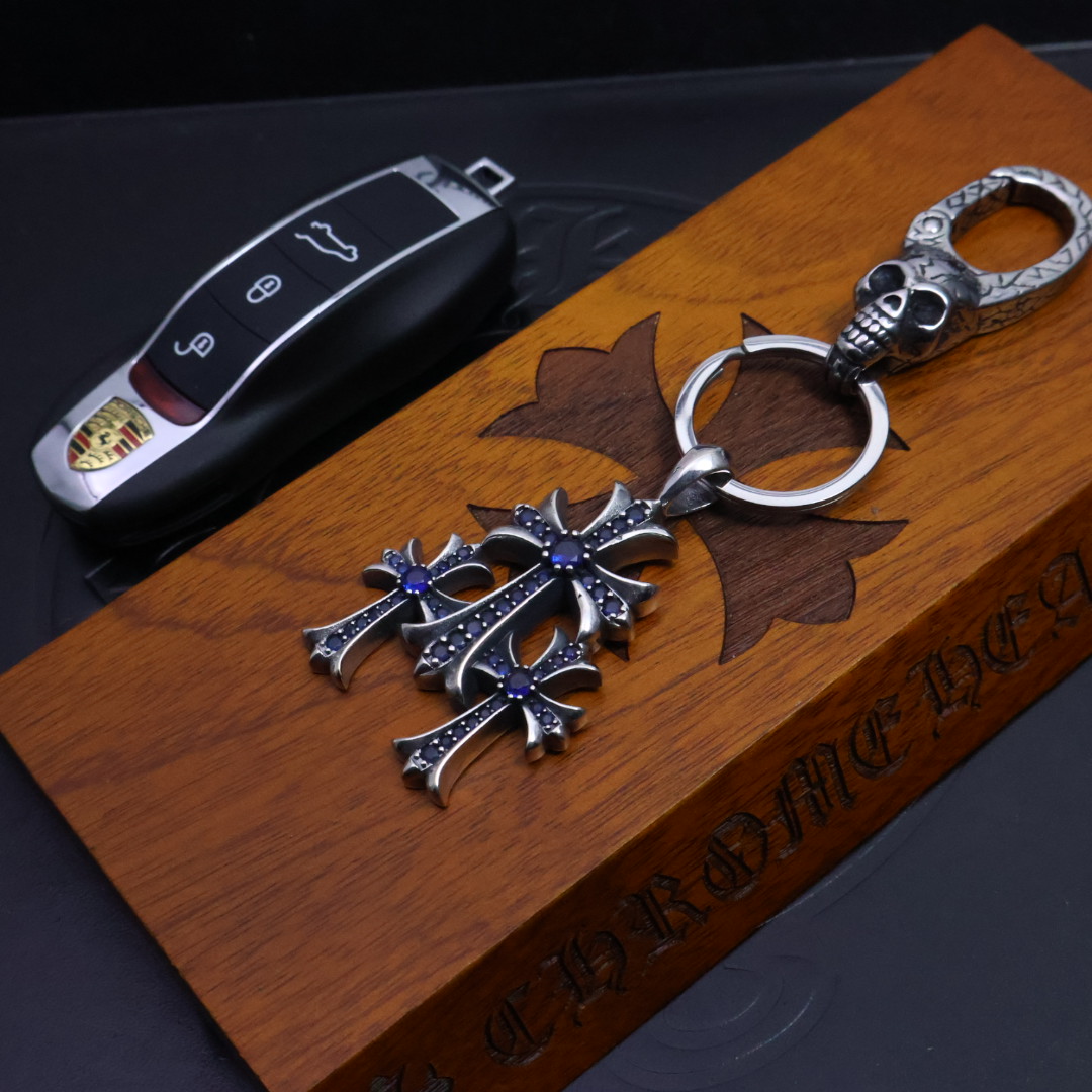 Chrome Hearts 925 Silver Multi - Cross Keychain with Blue Stones