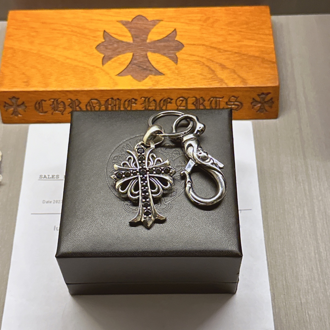 Chrome Hearts 925 Silver Cross - Shaped Keychain with Black Stones