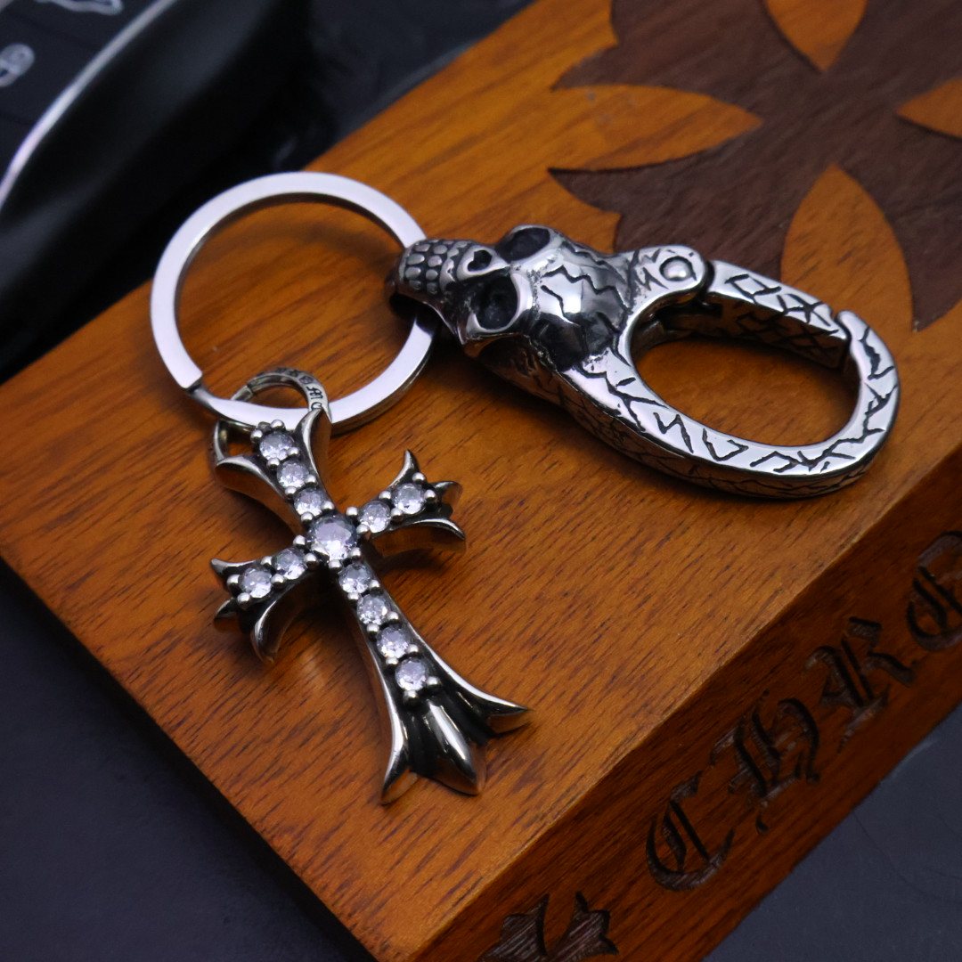 Chrome Hearts - Inspired 925 Silver Skull & Crystal Cross Keychain Description