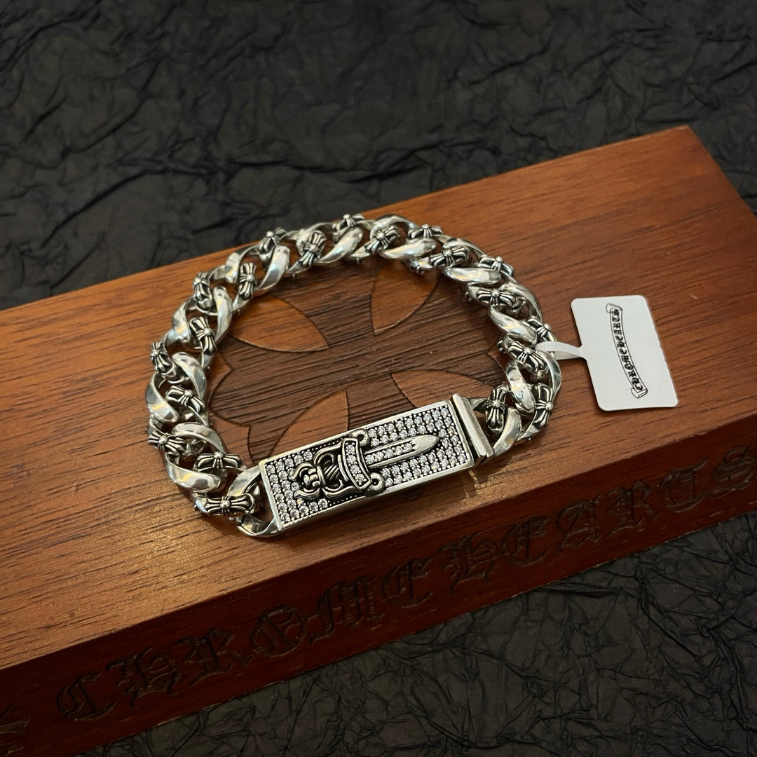 Chrome Hearts 925S Silver Chain Bracelet with Dagger - Patterned Plate CH - SCDPB416