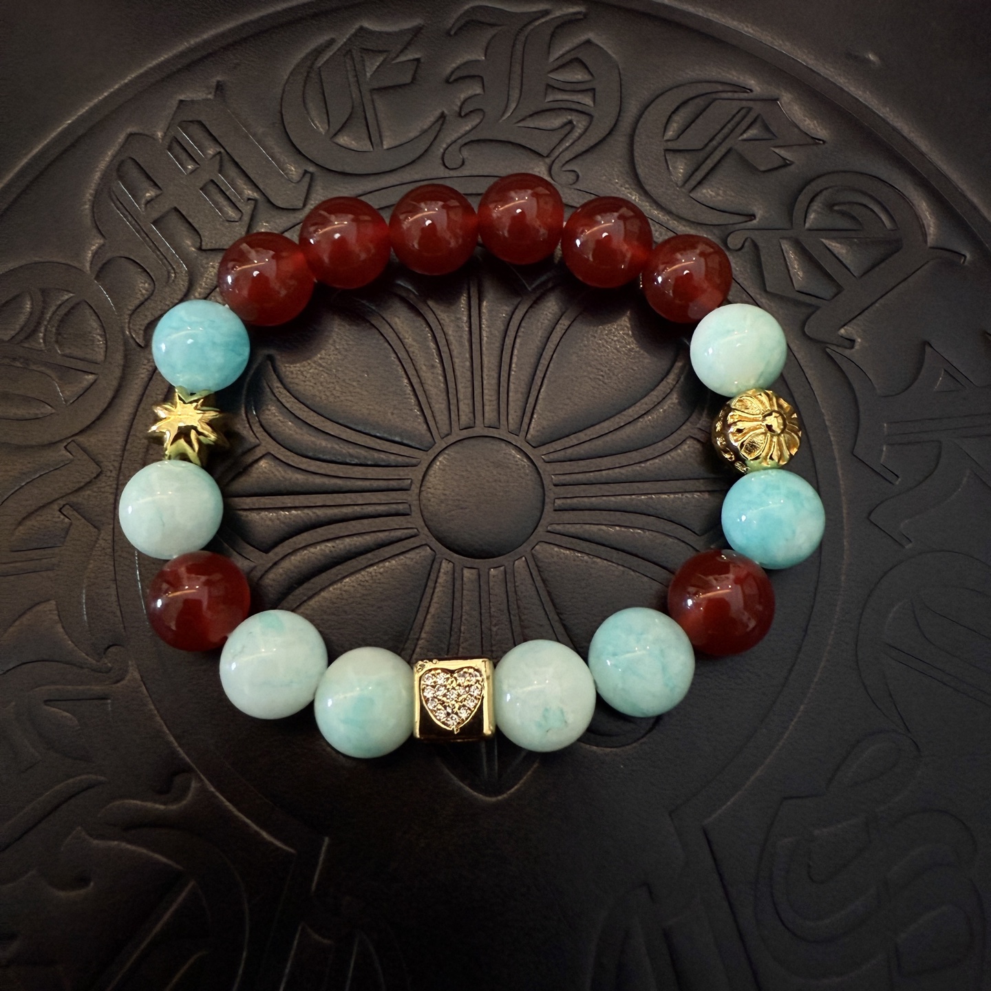 Chrome Hearts - Style Gemstone Bead Bracelet with Gold - Tone Accents