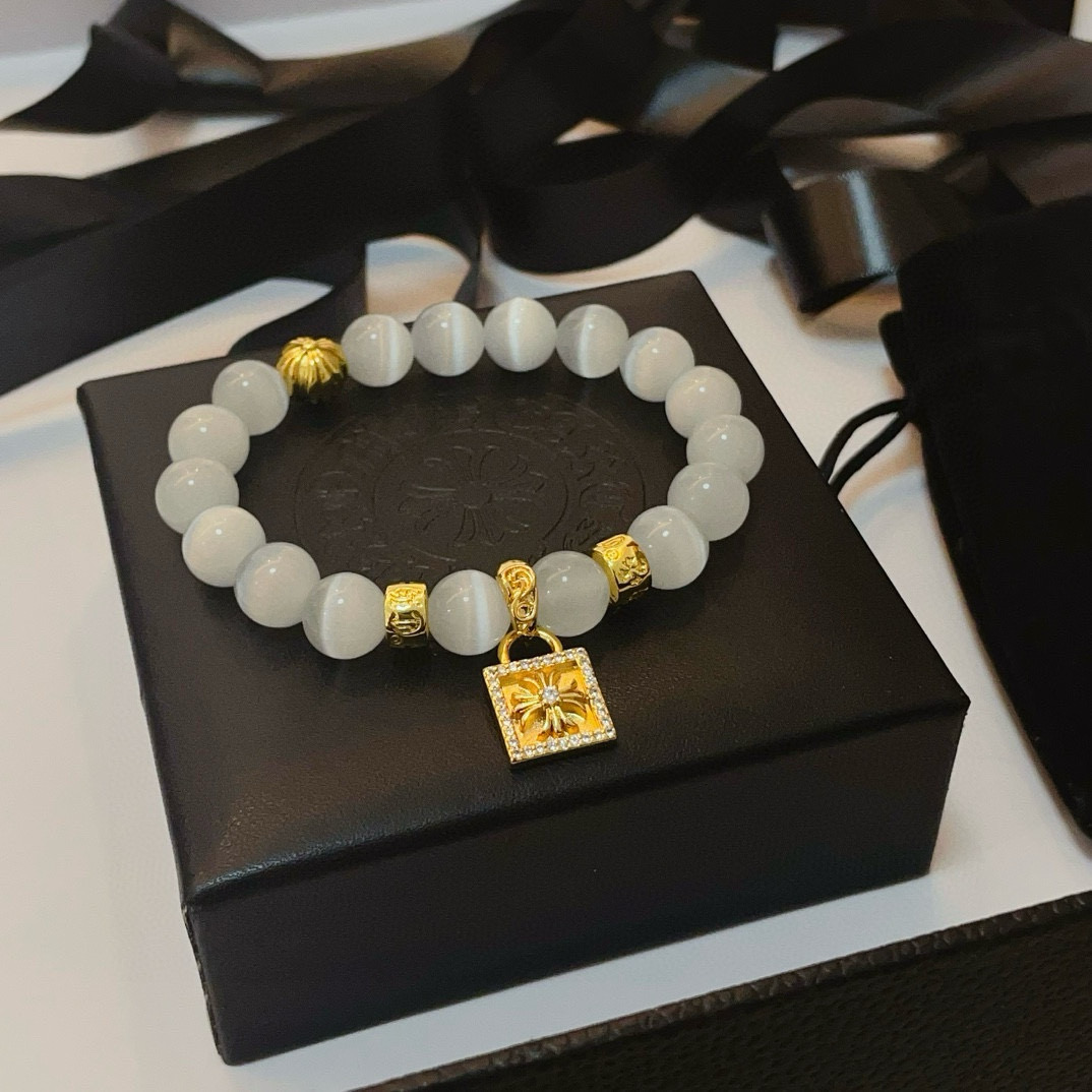 Chrome Hearts - Style Gold & Silver - Accented Moonstone Bead Bracelet with Lock Charm