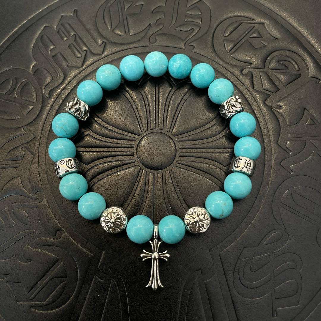 Chrome Hearts 925S Silver - Accented Turquoise Bead Bracelet with Cross Charm CH - SATBCC388