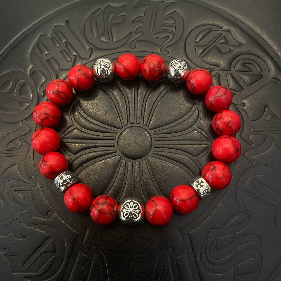 Chrome Hearts 925S Silver - Accented Red Turquoise Bead Bracelet CH - SAR TBB383