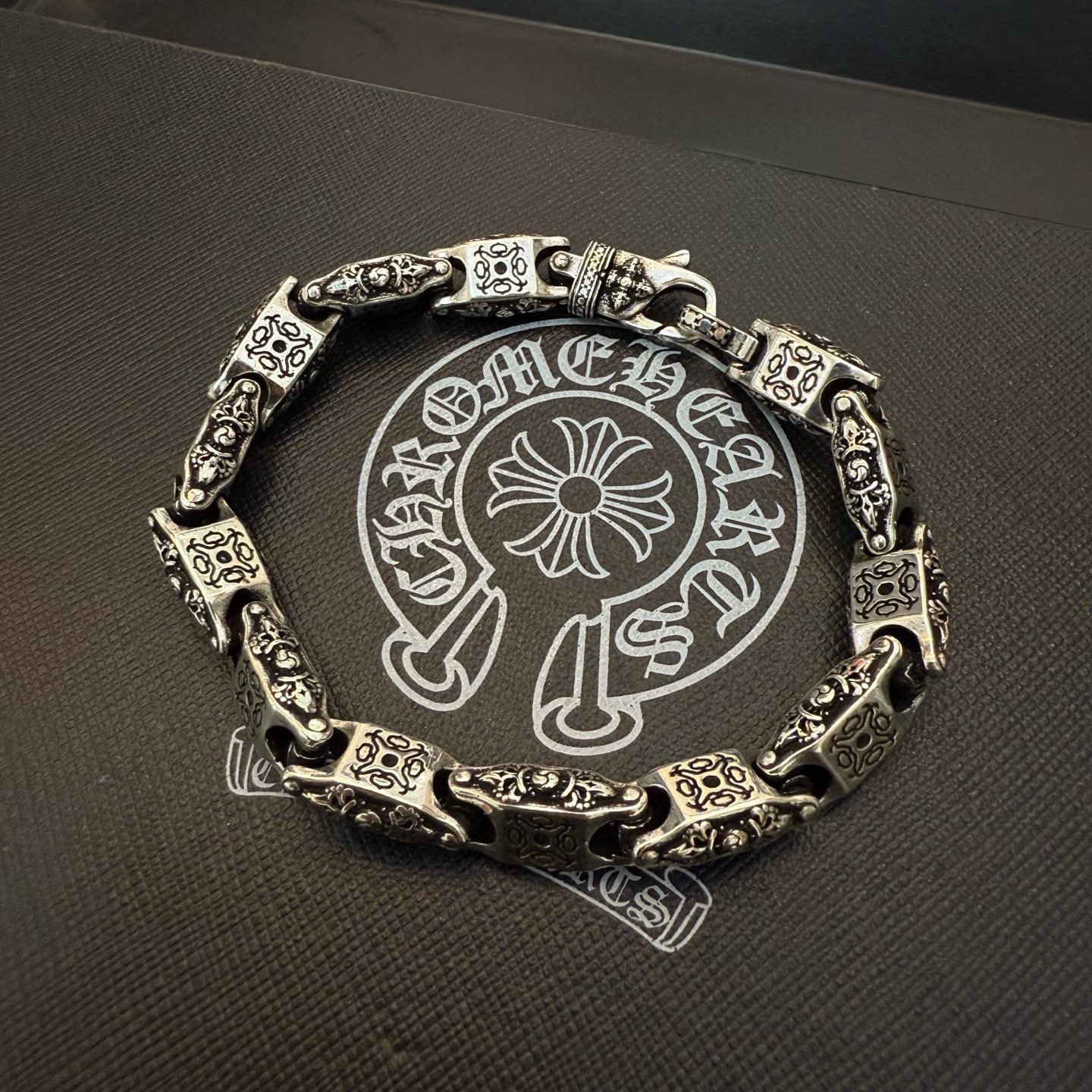 Chrome Hearts 925S Silver Ornate Engraved Link Bracelet CH - SOELB373