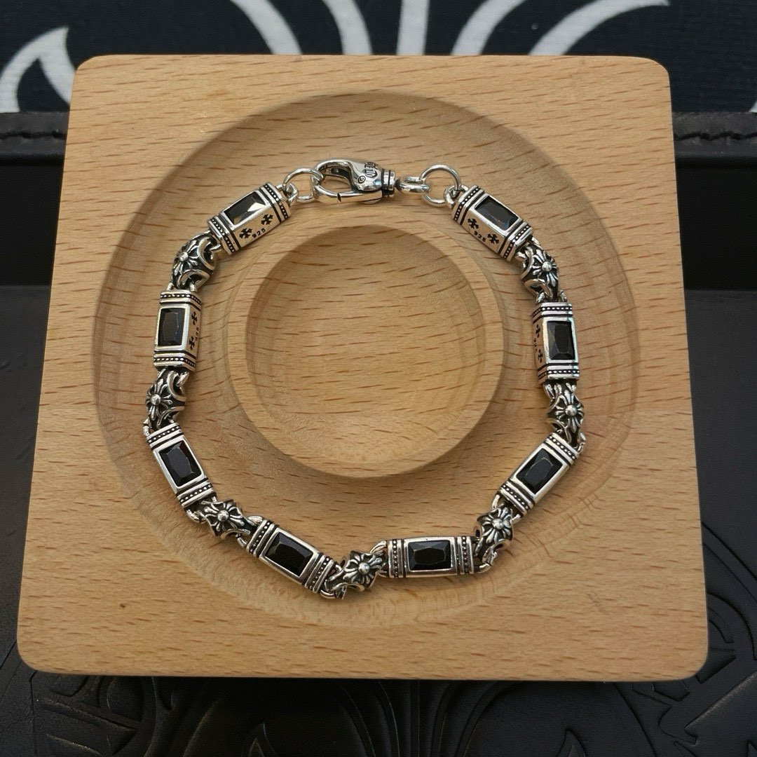 Chrome Hearts 925S Silver Black Gem - Inlaid Link Bracelet CH - SBGLB372