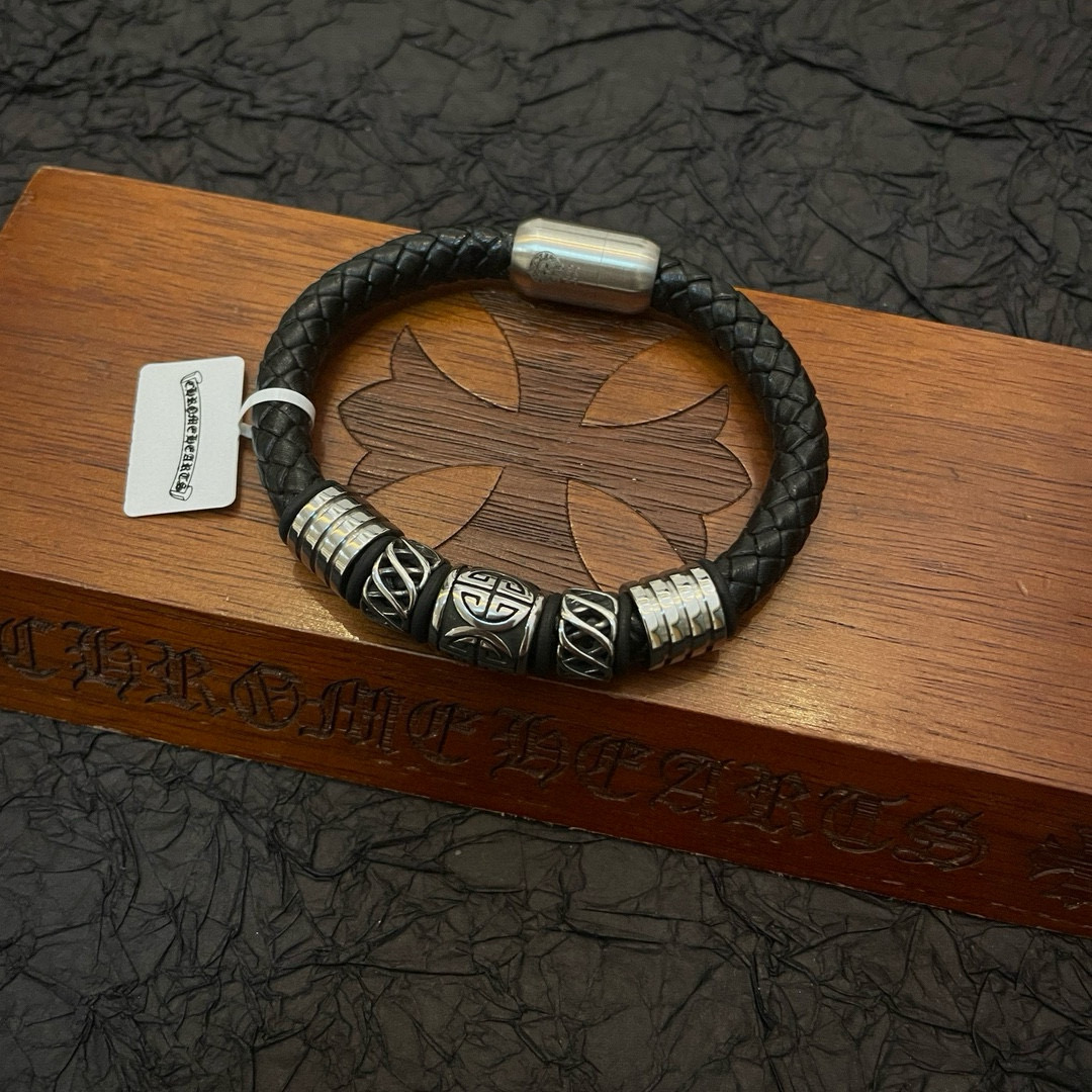 Chrome Hearts 925S Silver - Accented Braided Leather Bracelet CH - SABLB363