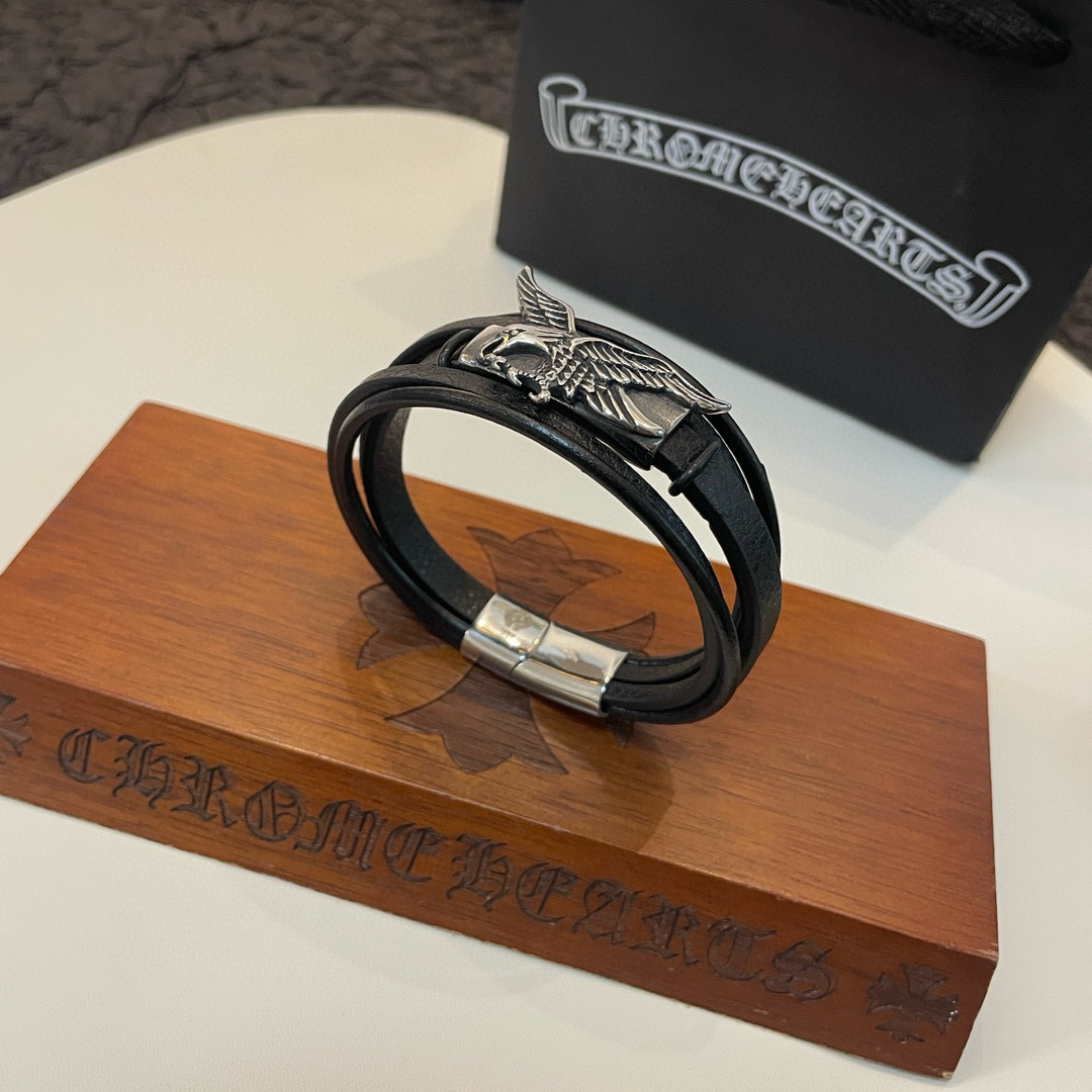 Chrome Hearts 925S Silver Eagle - Motif Leather Bracelet CH - SEMLB346