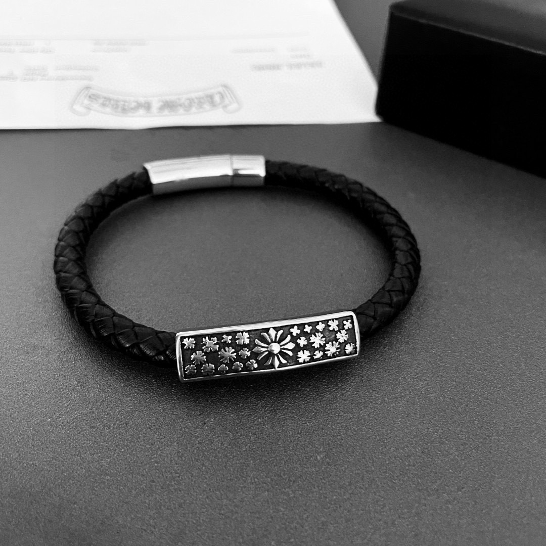Chrome Hearts 925S Silver & Leather Floral - Motif Bracelet CH - SLFMB343