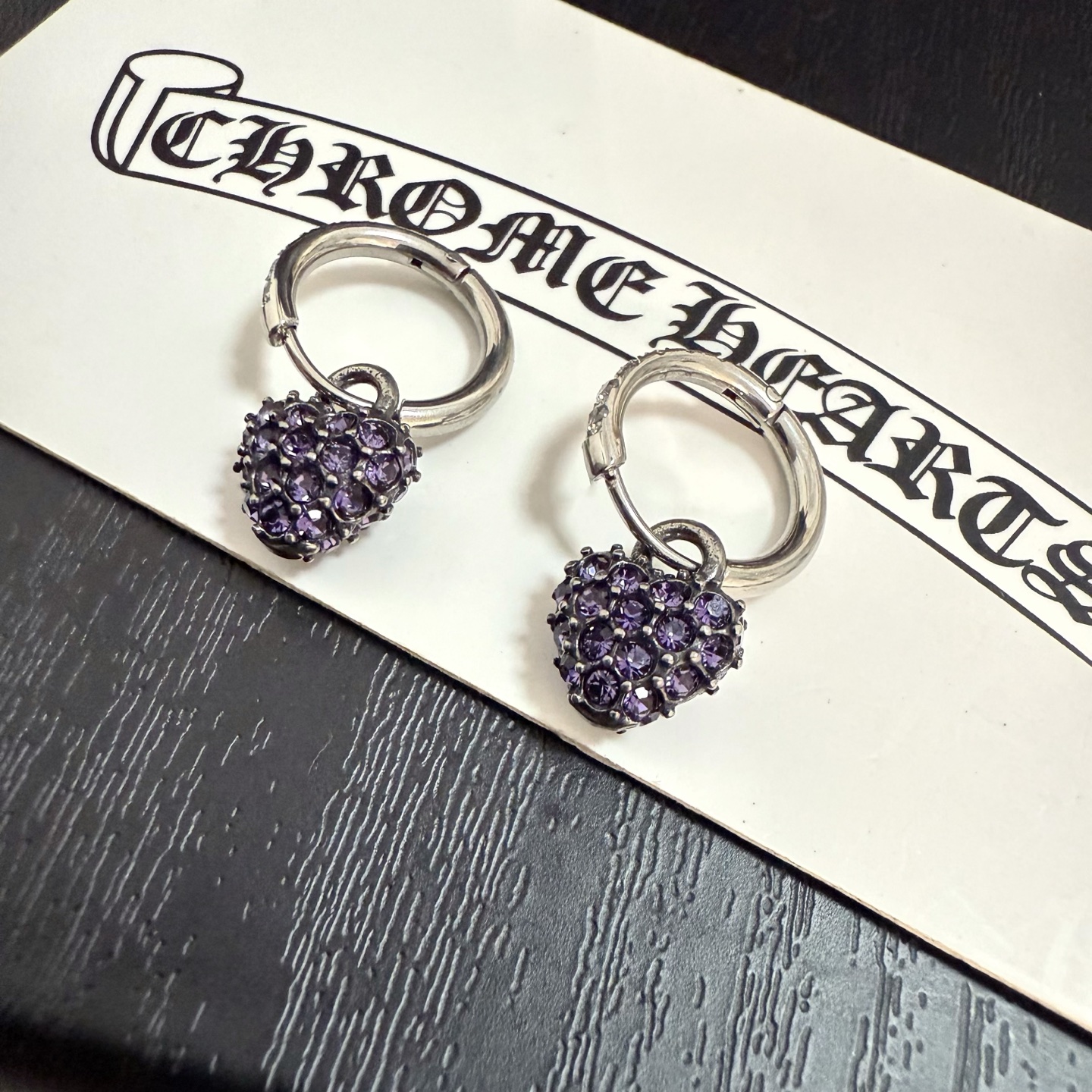 Chrome Hearts Purple Crystal - Encrusted Heart Drop Earrings CH - PCHDE324