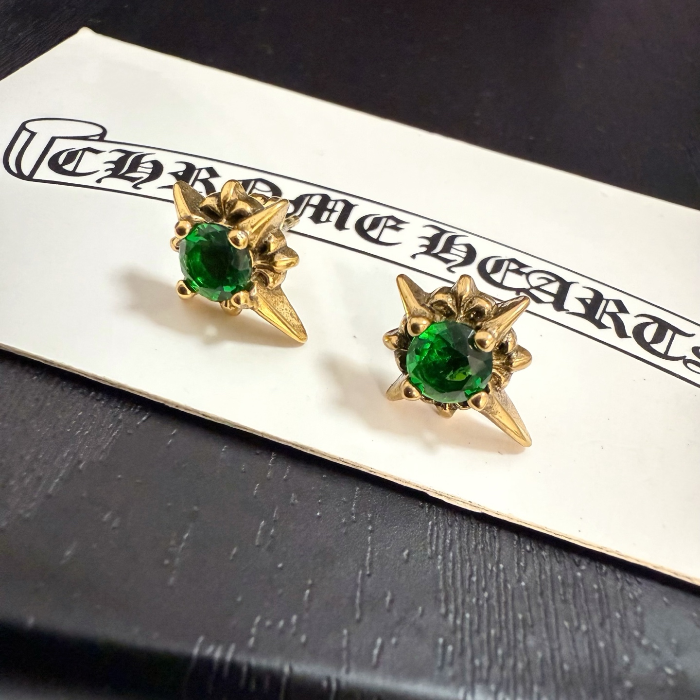 Chrome Hearts Green Gemstone Spiked Stud Earrings CH - GG SSE319