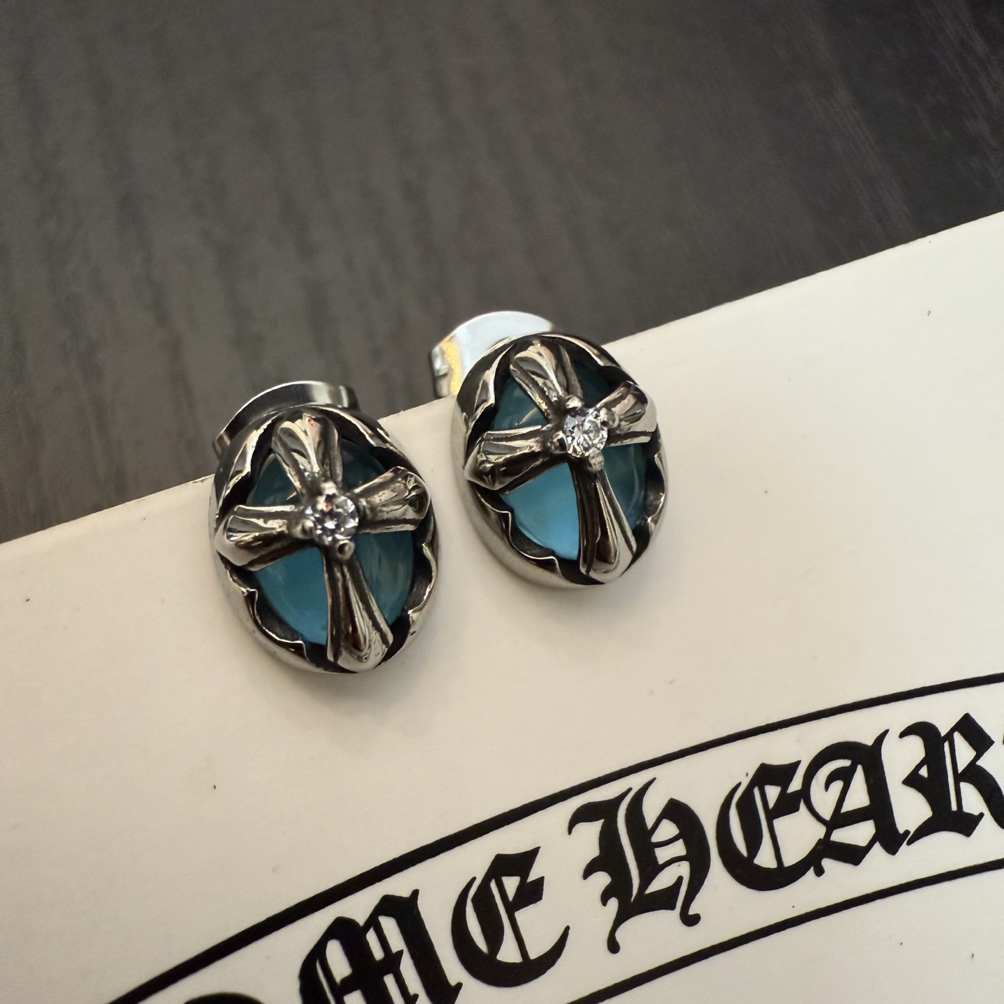 Chrome Hearts Blue Gemstone Cross Stud Earrings CH - BG CSE317