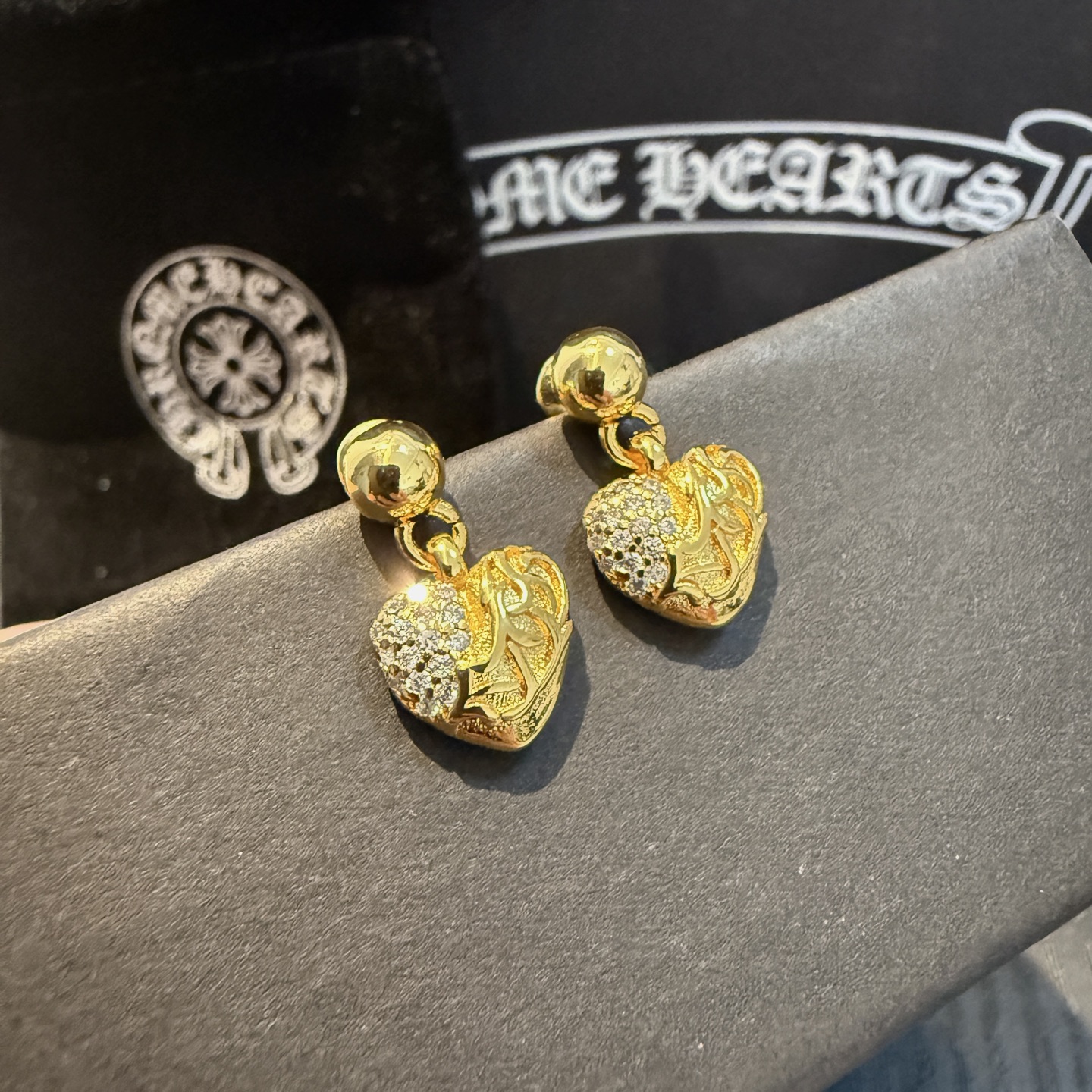 Chrome Hearts Gold - Tone Heart - Shaped Drop Earrings with Crystal Accents CH - GTHDECA315