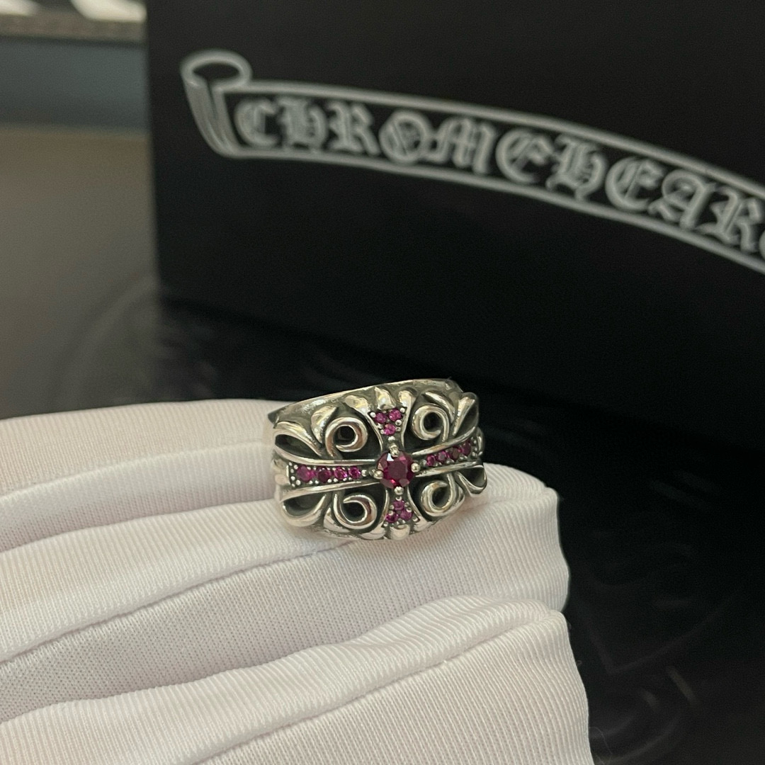Chrome Hearts Filigree Cross Ring with Pink Gemstones CH - FCRPG313