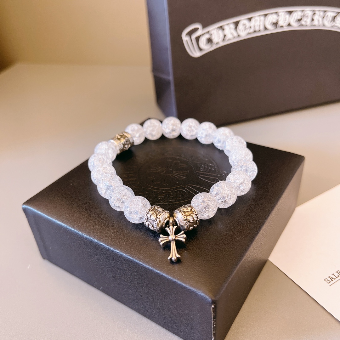 Chrome Hearts Crackle Quartz Beaded Bracelet with Cross & Metal Accents CH - CQBMA305