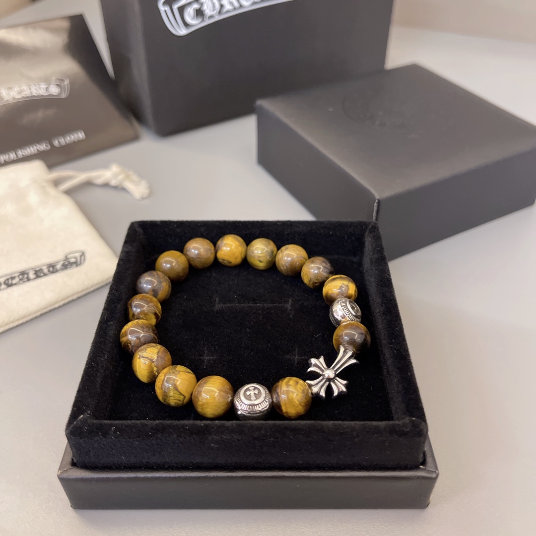 Chrome Hearts Tiger Eye Beaded Bracelet with Cross & Metal Accents CH - TEBMA299