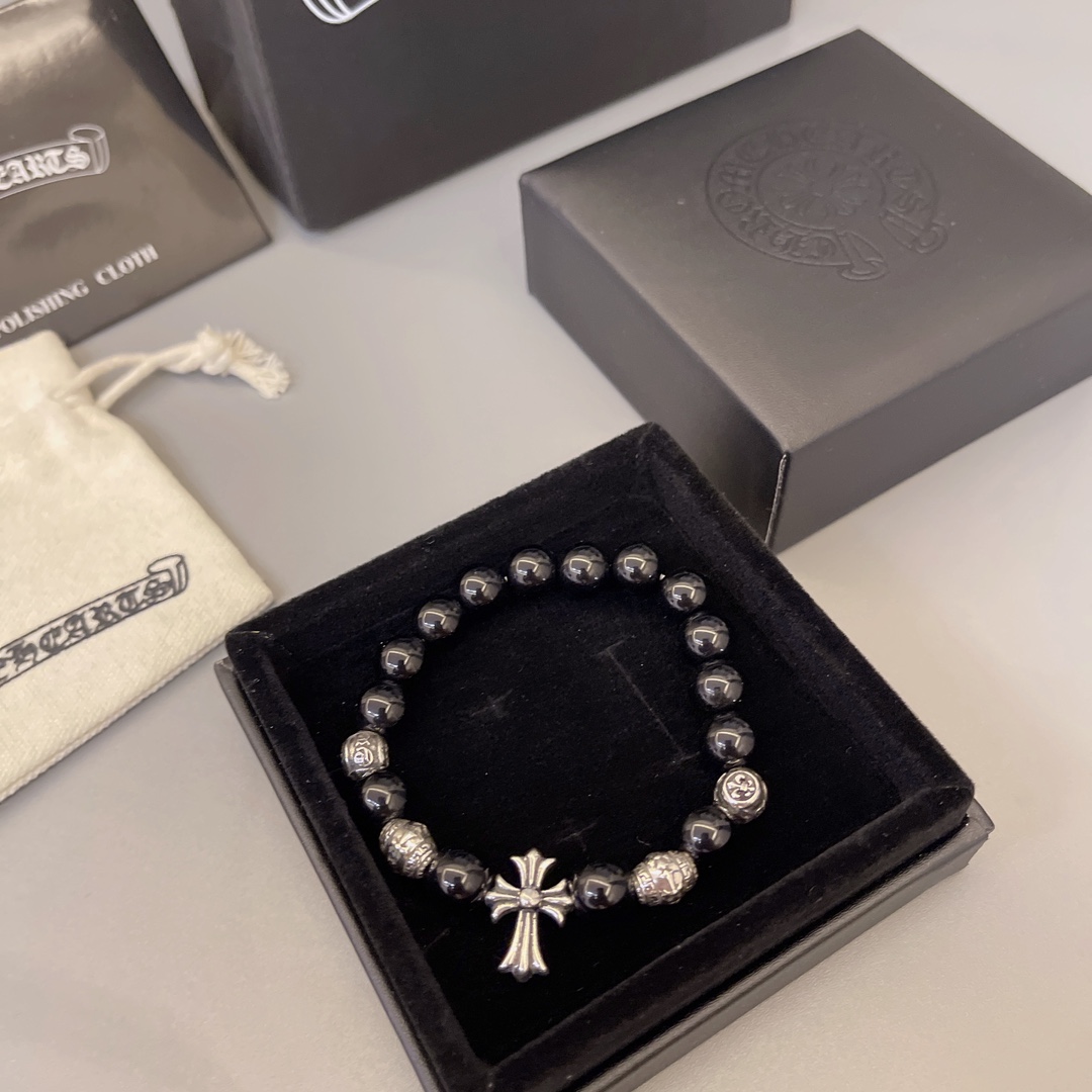 Chrome Hearts Black Onyx Beaded Bracelet with Cross & Metal Accents CH - BOBBC296