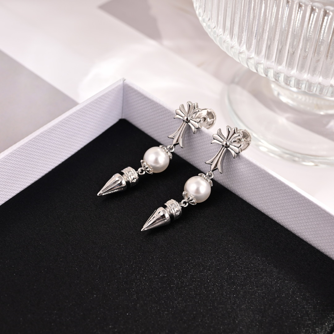 Chrome Hearts Pearl & Spike Drop Earrings with Cross Accent CH - PSECA292