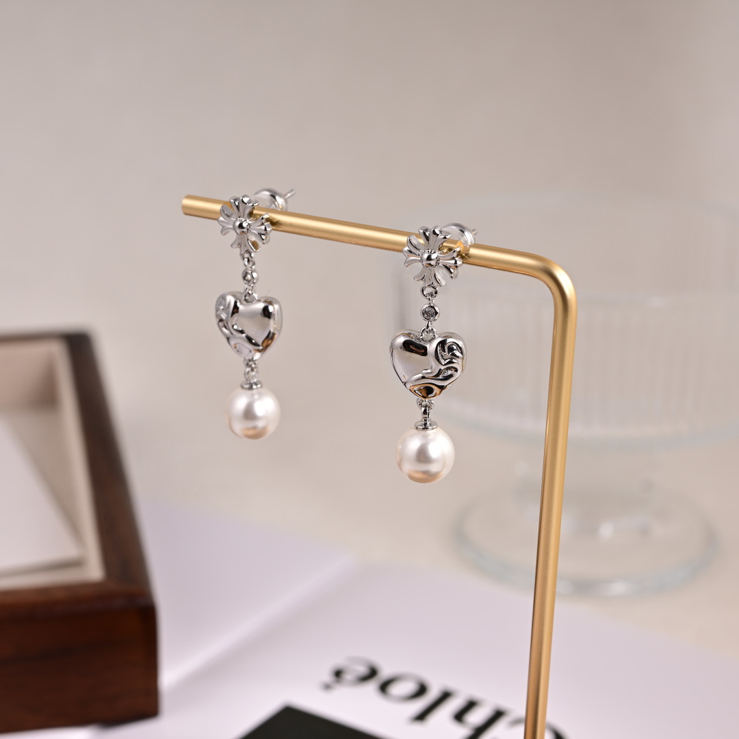 Chrome Hearts Pearl Drop Earrings with Heart & Cross Accents CH - PDEHCA290