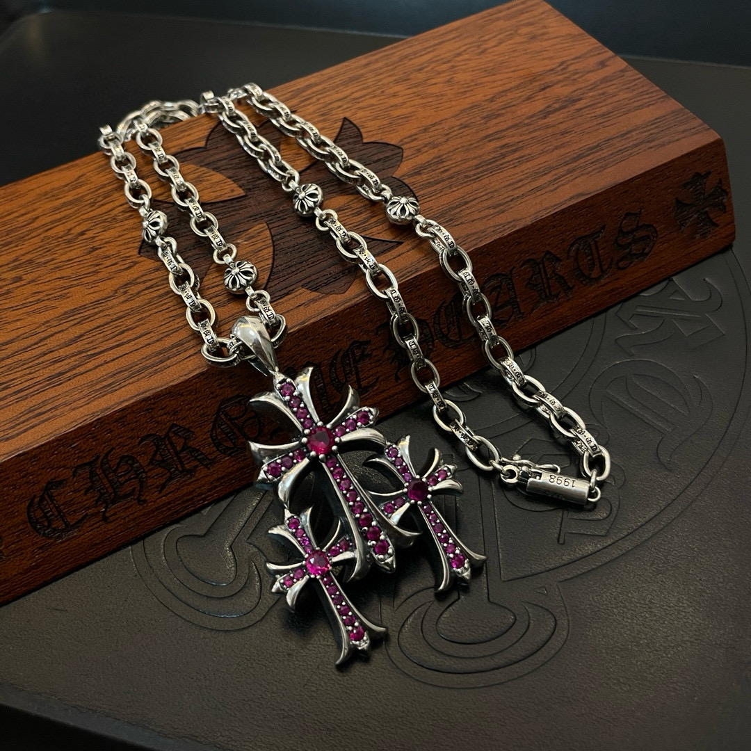 Chrome Hearts Multi - Cross Ruby - Inlaid Pendant Necklace - Silver - Tone Chain CH - MCRIPN250