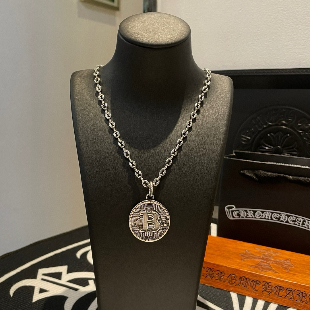 Chrome Hearts Bitcoin - Inspired Medallion Pendant Necklace - Silver - Tone Chain CH - BMPN238