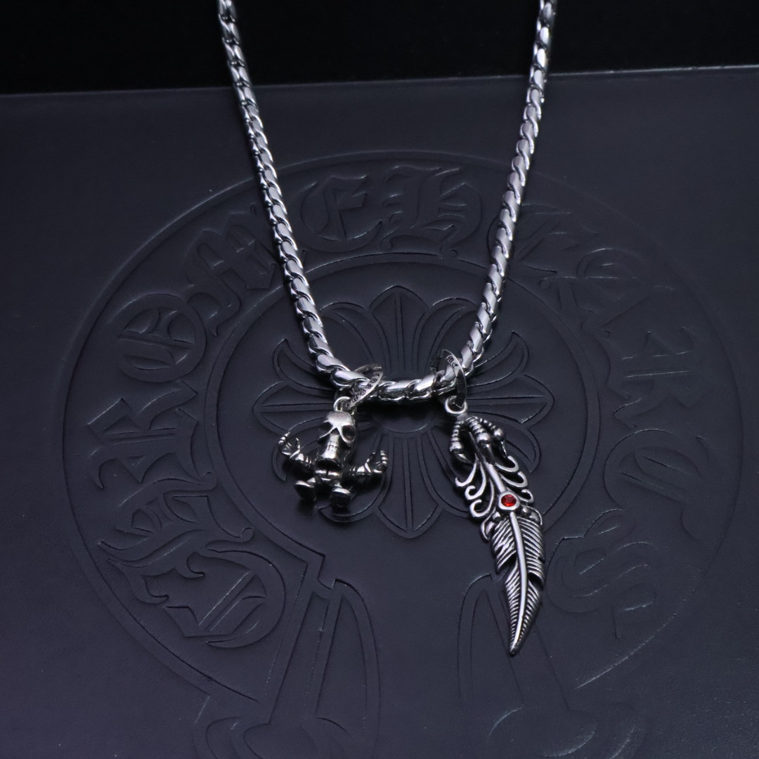 Chrome Hearts Skull & Feather Dual - Charm Pendant Necklace - 925S Silver Chain CH - SFDC PN212