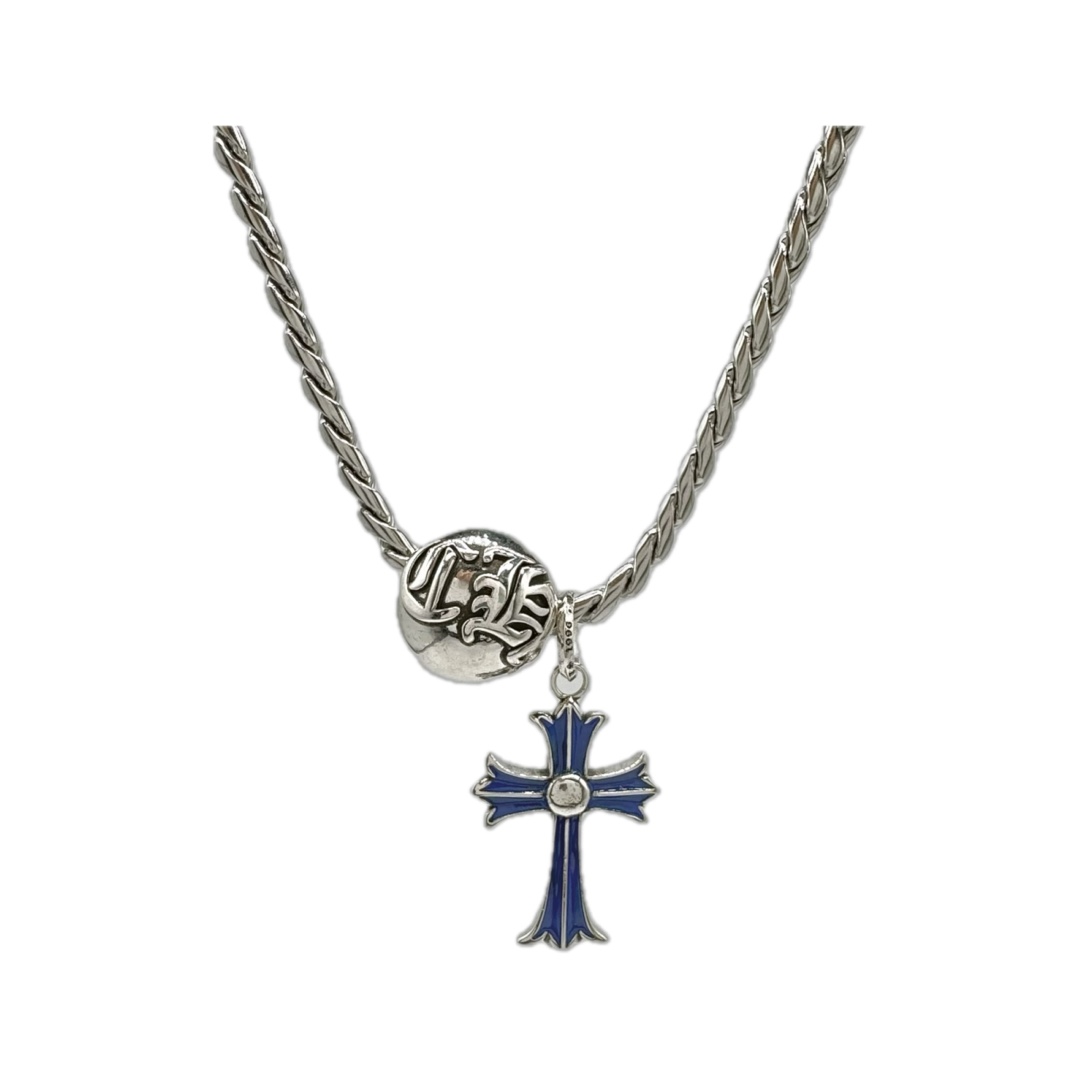 Chrome Hearts Enamel Cross & Engraved Bead Pendant Necklace - 925S Silver Chain CH - ECEBPN210