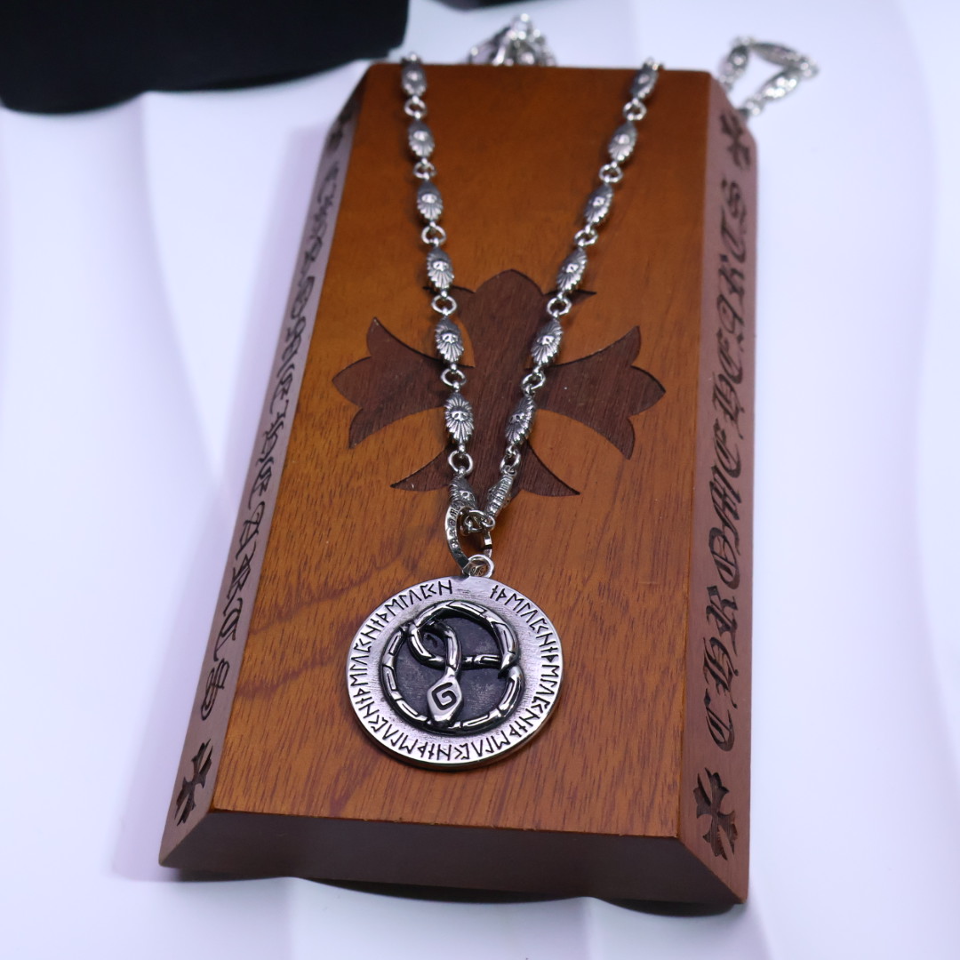 Chrome Hearts Rune - Engraved Pendant Necklace - 925S Silver Chain CH - REPN197