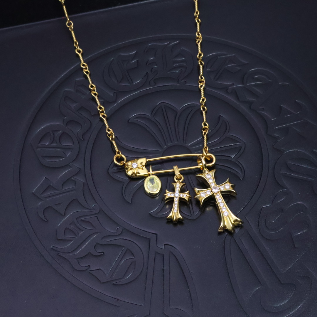 Chrome Hearts Multi - Charm Safety Pin Pendant Necklace - Gold - Tone Chain CH - MCSPN191