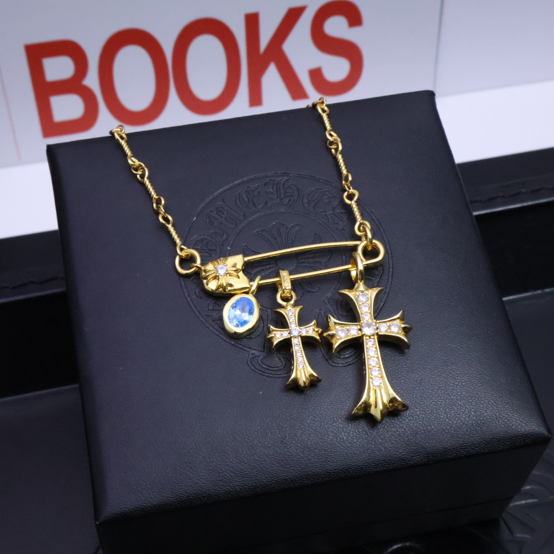 Chrome Hearts Multi - Charm Safety Pin - Style Pendant Necklace - Gold - Tone Chain CH - MCSPN190