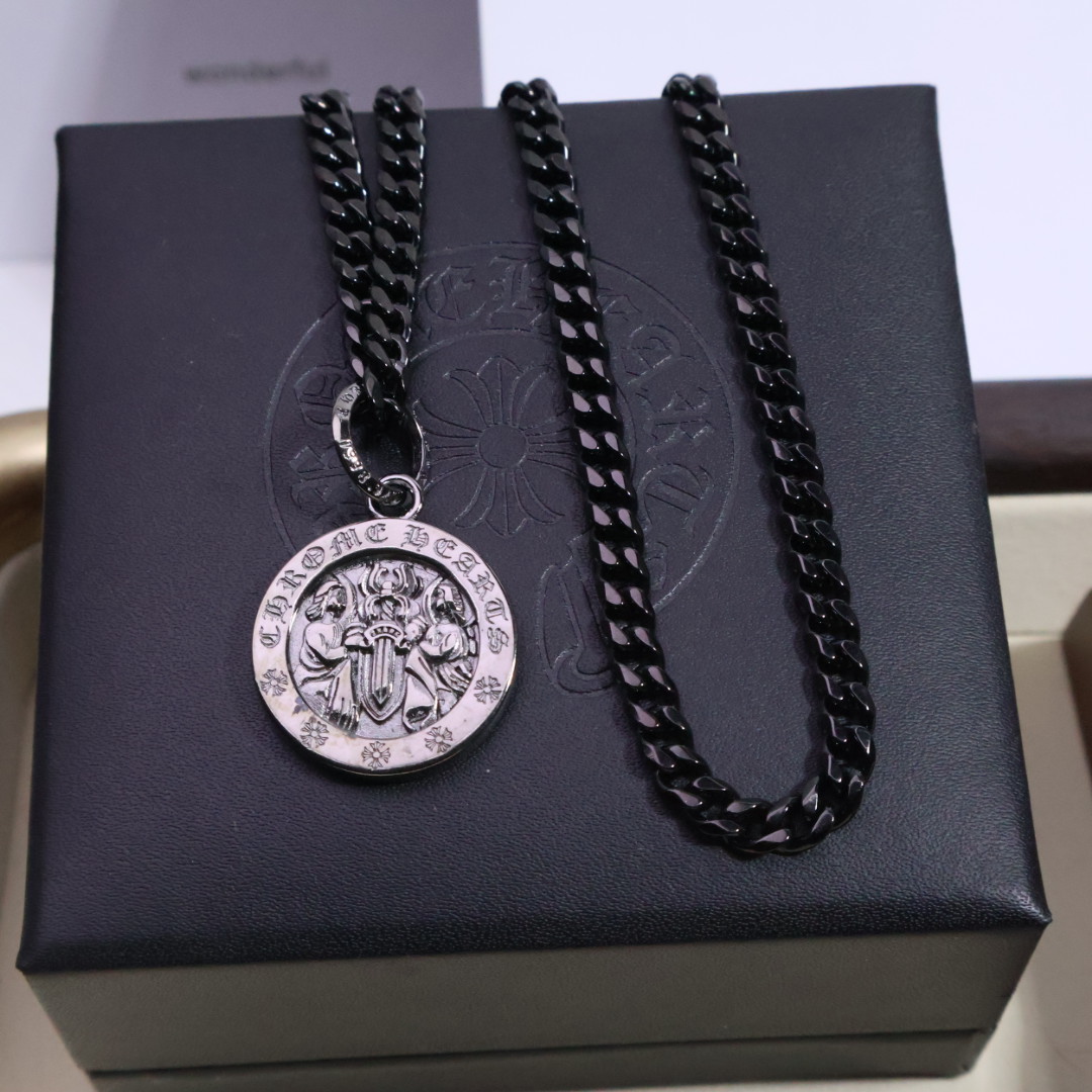 Chrome Hearts Saint - Themed Medallion Pendant Necklace - 925S Silver Black - Tone Chain CH - STMPN184