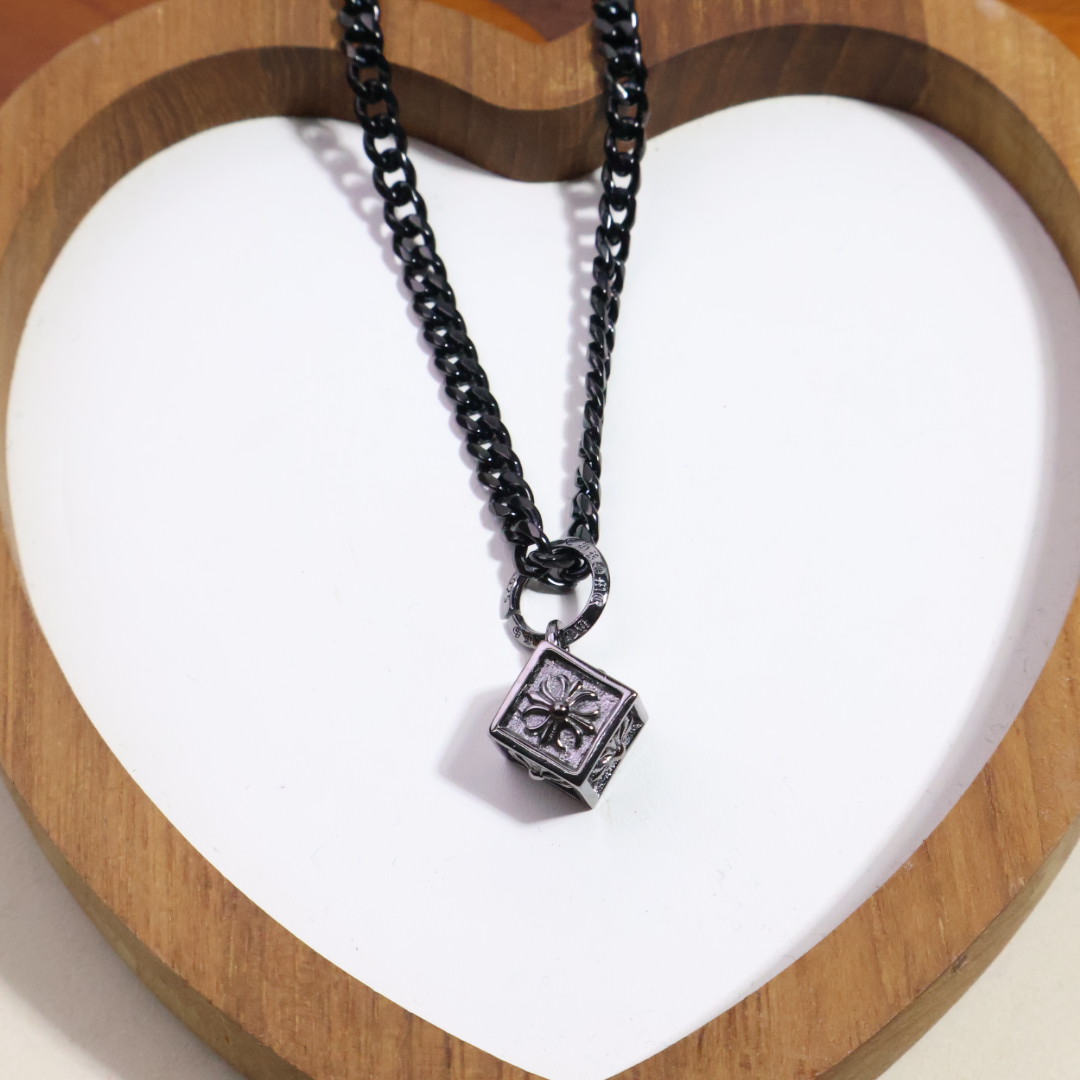 Chrome Hearts Engraved Cube Pendant Necklace - 925S Silver Black - Tone Chain CH - ECPCN183