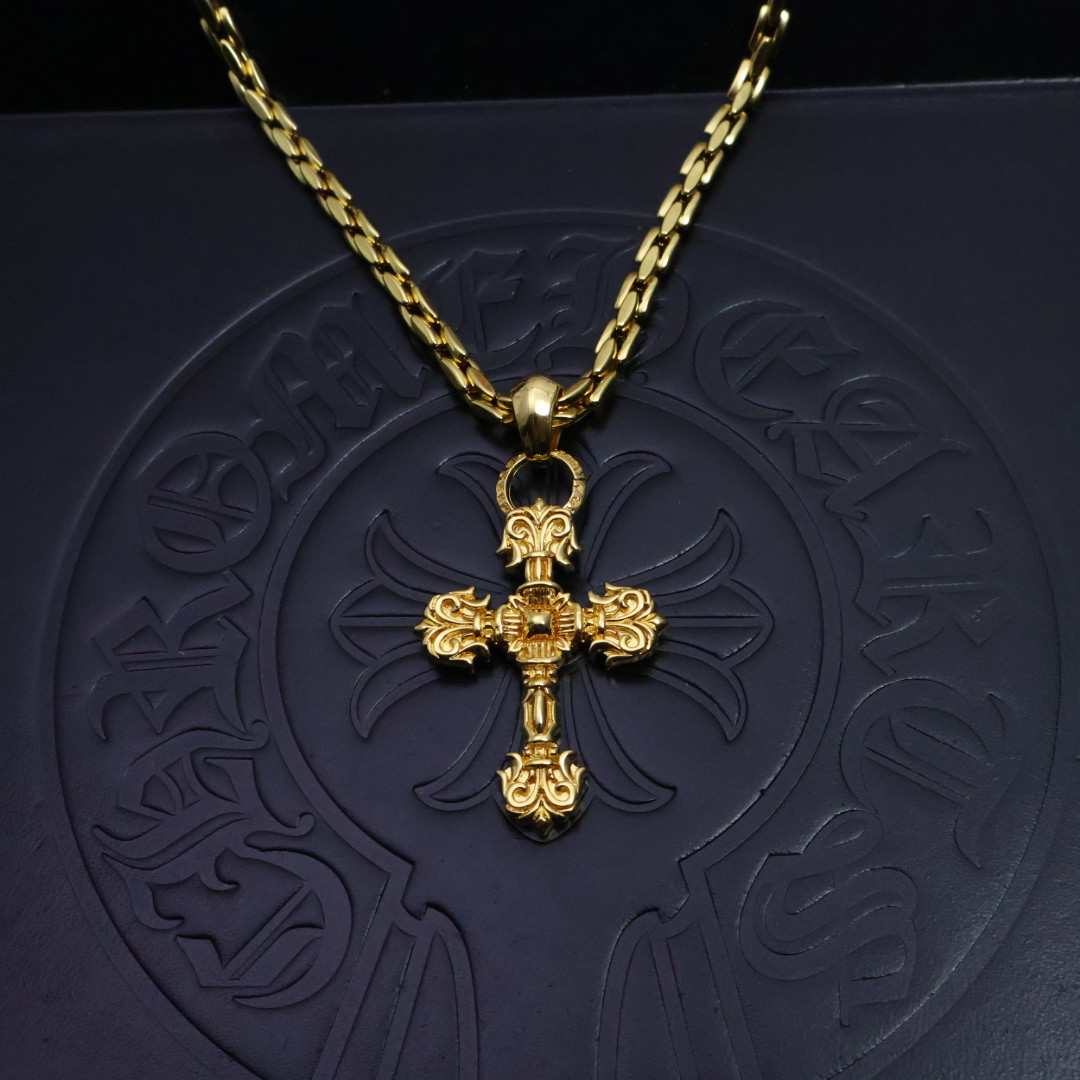 Chrome Hearts Ornate Cross Pendant Necklace - Gold - Tone Chain CH - OCPN160