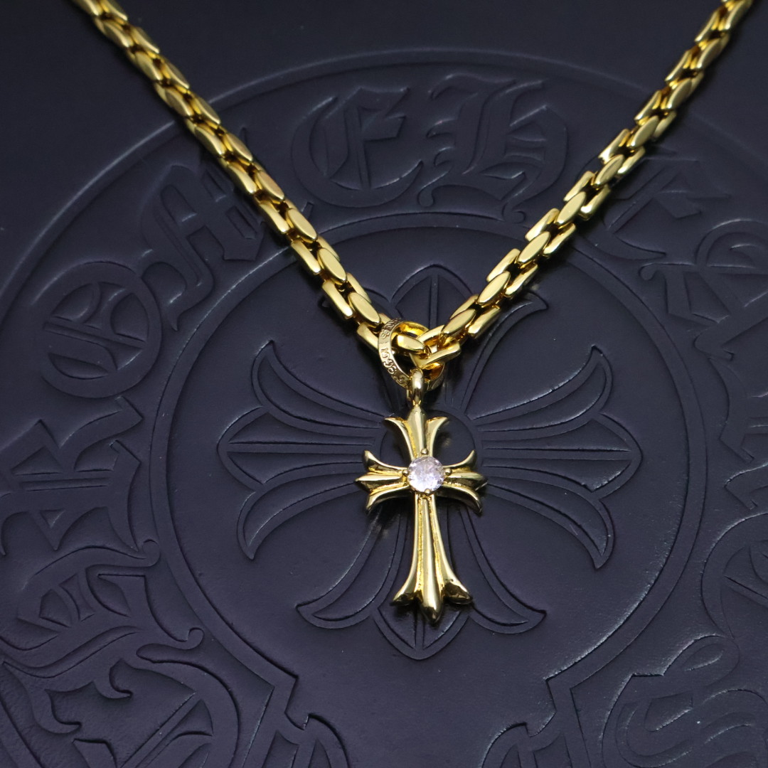 Chrome Hearts Cross Pendant Necklace - Gold - Tone Chain with Diamond Inlay CH - CPN157