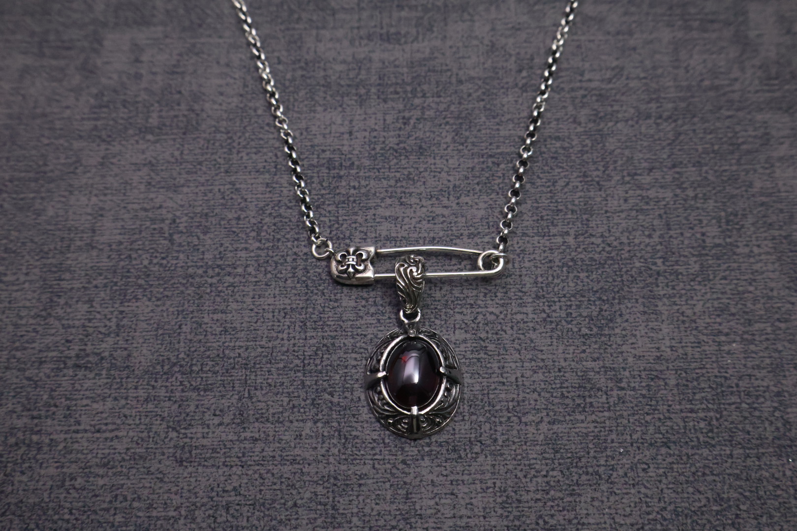Chrome Hearts Safety Pin & Garnet Gem Pendant Necklace - Silver - Tone Chain with Gem Inlays CH - SPGGPN153
