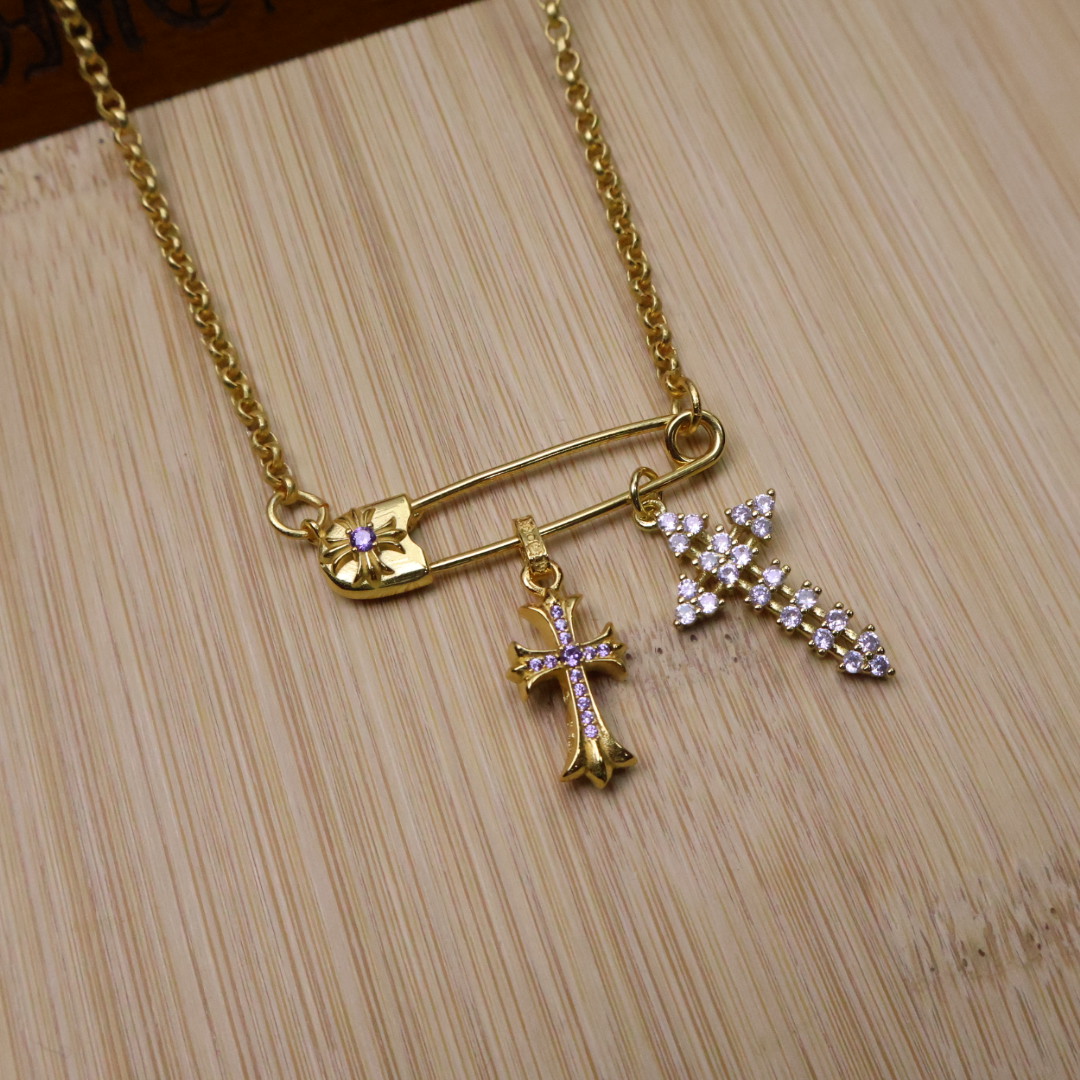 Chrome Hearts Safety Pin & Double Cross Pendant Necklace - Gold - Tone Chain with Gem Inlays CH - SPDCPN149