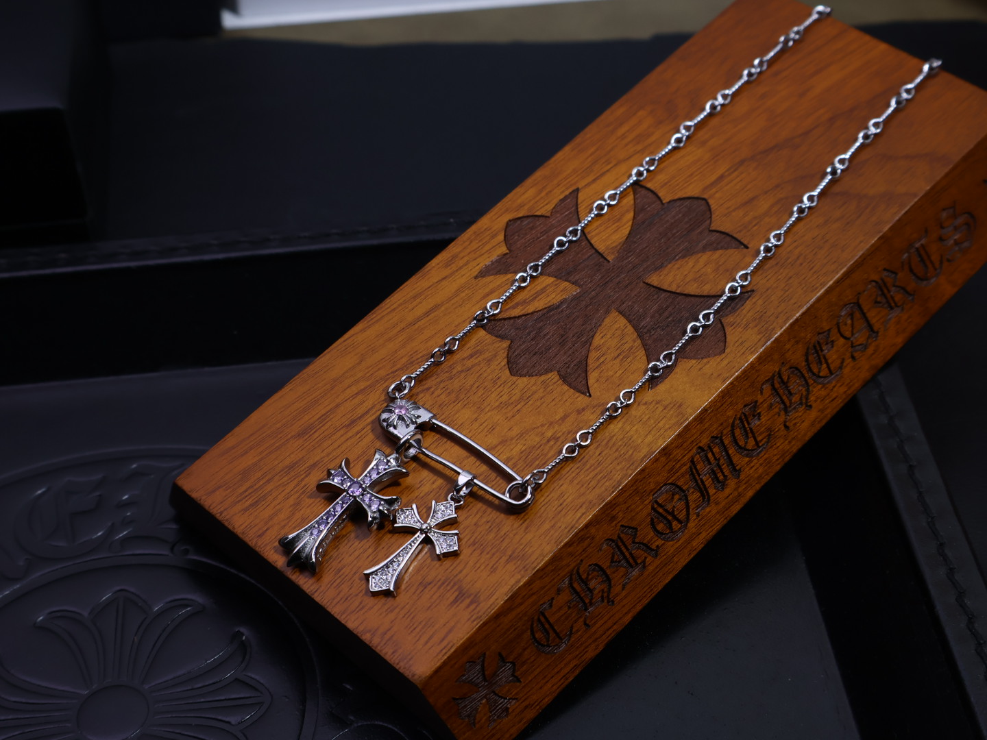 Chrome Hearts Safety Pin & Double Cross Pendant Necklace - Silver - Tone Chain with Gem & Diamond Inlays CH - SPDCPN143