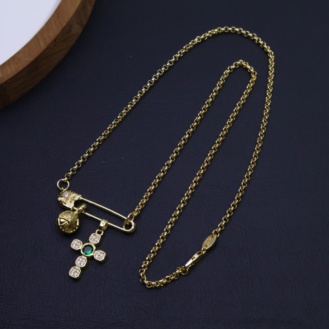 Chrome Hearts Safety Pin & Multi - Charm Pendant Necklace - Gold - Tone Chain with Gem & Diamond Inlays CH - SPMCPN142